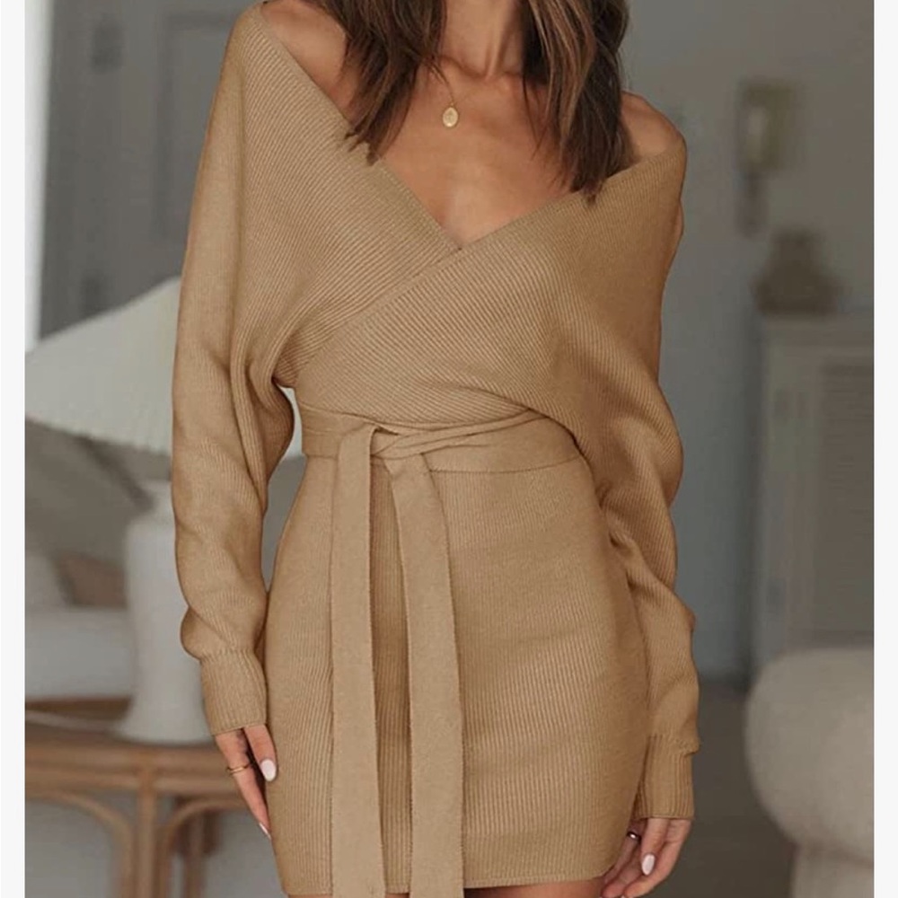 Amazon Tan Knit Wrap Dress - Picture 3 of 5